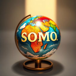 A beautifully designed small globe featuring the word 'SOMO' elegantly written on it