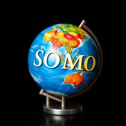 A beautifully designed small globe featuring the word 'SOMO' elegantly written on it