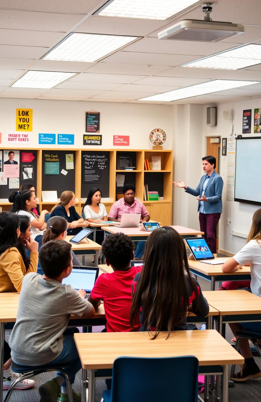A modern classroom scene that illustrates effective classroom management techniques in action