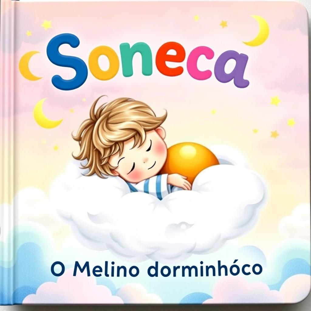 A whimsical book cover titled "Soneca: O Menino Dorminhoco" featuring a peaceful, sleeping boy with tousled hair, nestled snugly in a fluffy cloud