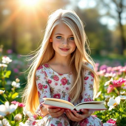 A beautiful European girl with long flowing blond hair and bright blue eyes, wearing a stylish floral dress, sitting in a sunlit park surrounded by blooming flowers