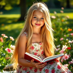 A beautiful European girl with long flowing blond hair and bright blue eyes, wearing a stylish floral dress, sitting in a sunlit park surrounded by blooming flowers