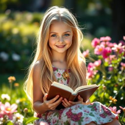 A beautiful European girl with long flowing blond hair and bright blue eyes, wearing a stylish floral dress, sitting in a sunlit park surrounded by blooming flowers