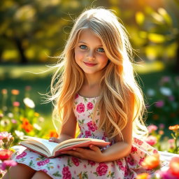 A beautiful European girl with long flowing blond hair and bright blue eyes, wearing a stylish floral dress, sitting in a sunlit park surrounded by blooming flowers