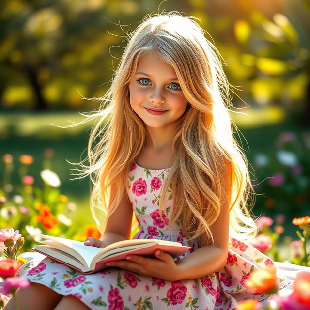 A beautiful European girl with long flowing blond hair and bright blue eyes, wearing a stylish floral dress, sitting in a sunlit park surrounded by blooming flowers