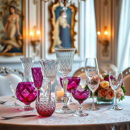 An artistic display of exquisite glassware arranged beautifully on a table