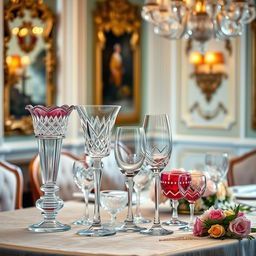 An artistic display of exquisite glassware arranged beautifully on a table