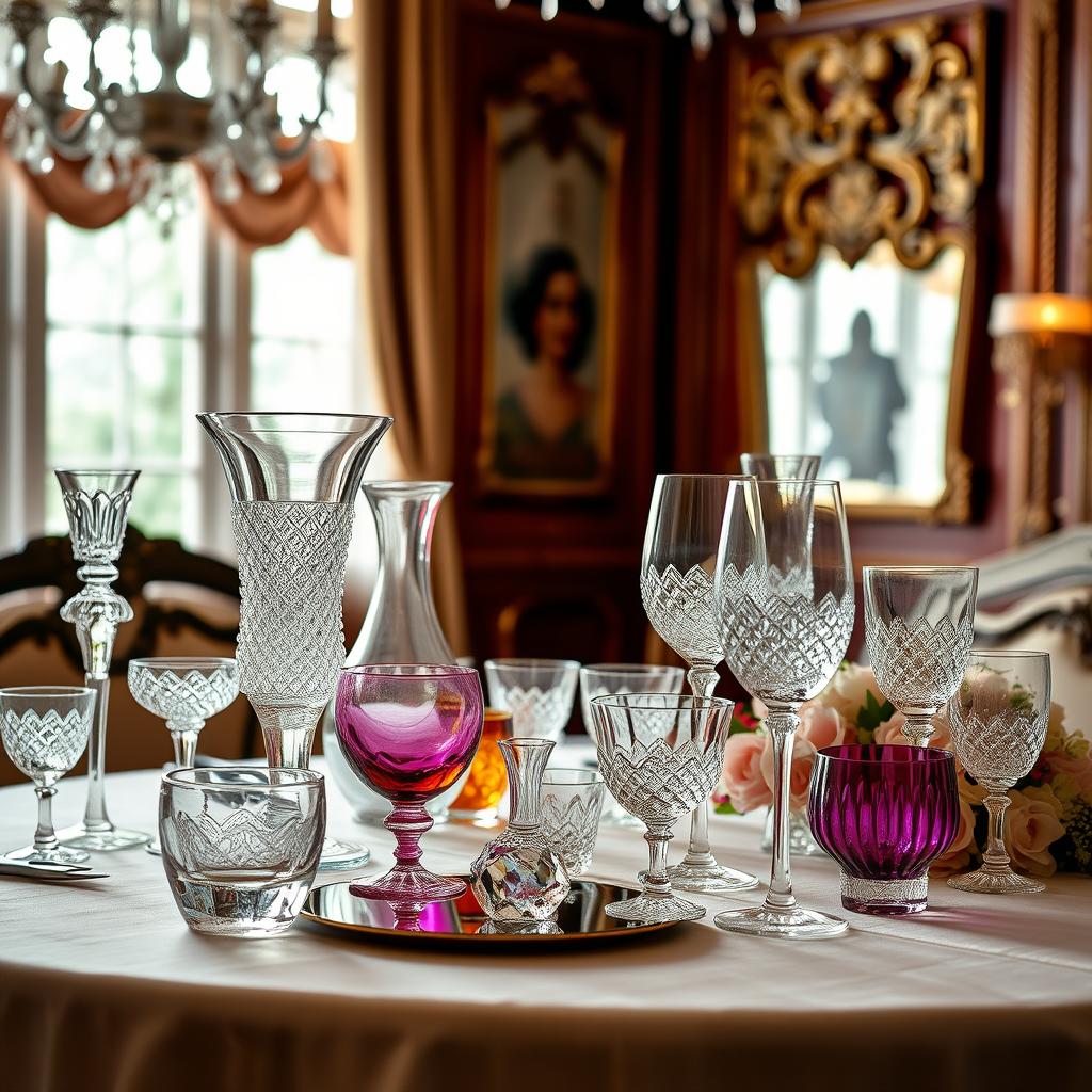 An artistic display of exquisite glassware arranged beautifully on a table