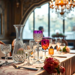 An artistic display of exquisite glassware arranged beautifully on a table