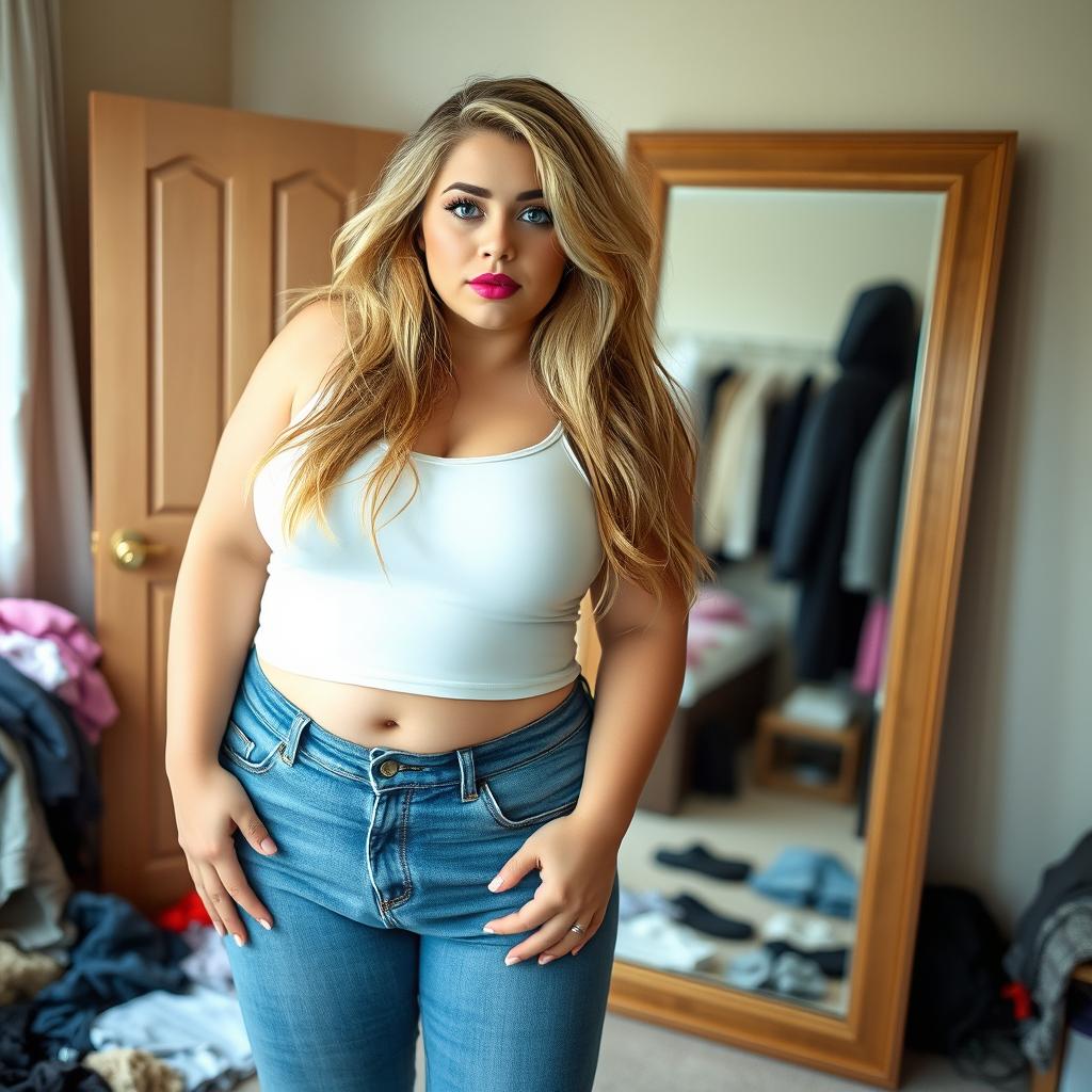 A full-length photograph of a beautiful, curvy young woman standing confidently in front of a full-length mirror in her bedroom