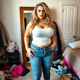 A full-length photograph of a beautiful, curvy young woman standing confidently in front of a full-length mirror in her bedroom