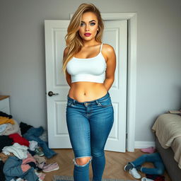 A full-length photograph of a beautiful, curvy young woman standing confidently in front of a full-length mirror in her bedroom
