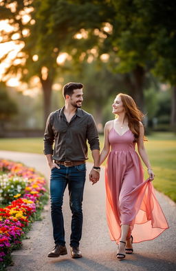 A romantic couple holding hands while walking together in a scenic park, surrounded by lush greenery and colorful flowers