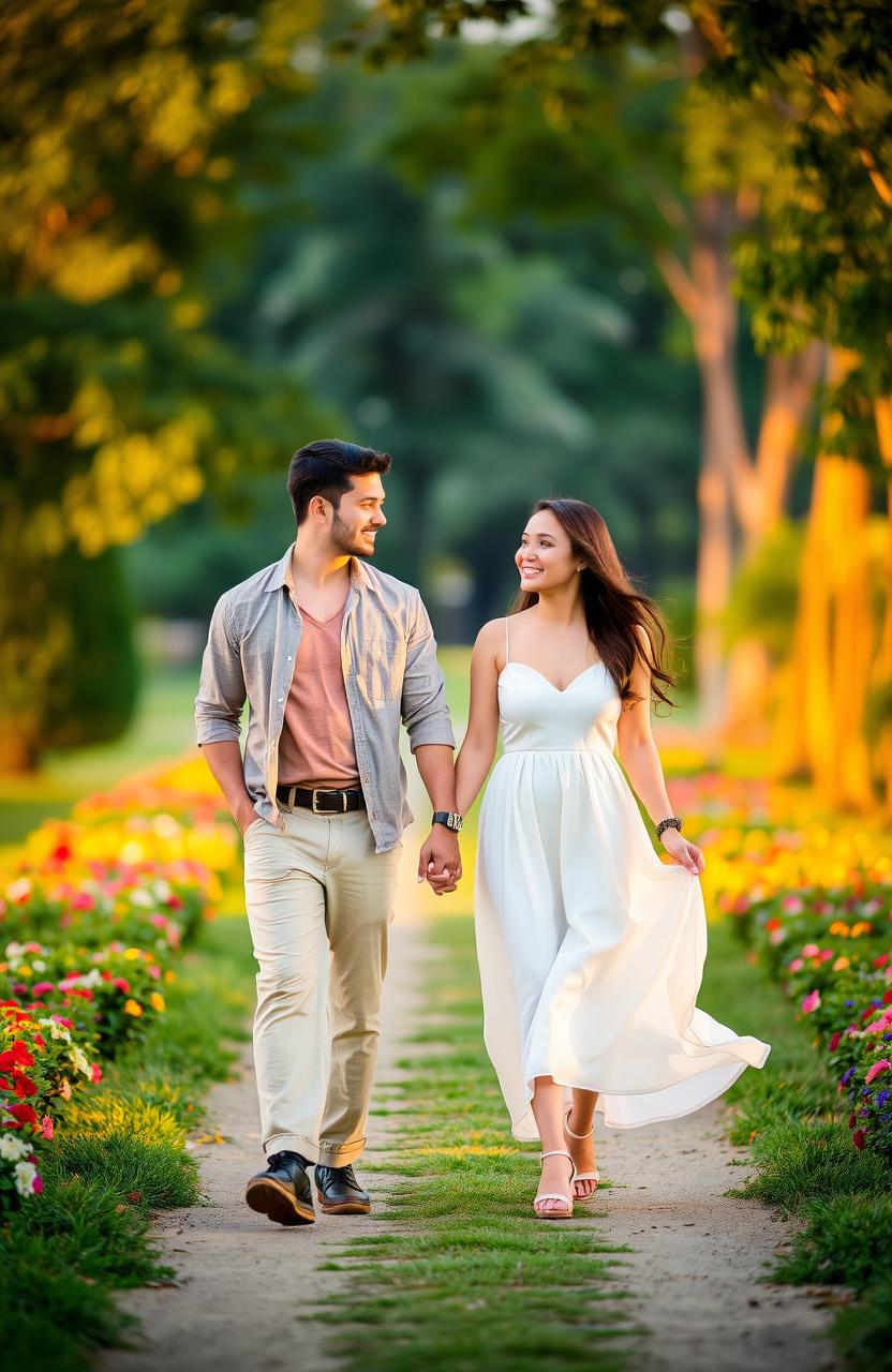 A romantic couple holding hands while walking together in a scenic park, surrounded by lush greenery and colorful flowers