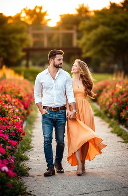 A romantic couple holding hands while walking together in a scenic park, surrounded by lush greenery and colorful flowers