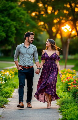 A romantic couple holding hands while walking together in a scenic park, surrounded by lush greenery and colorful flowers