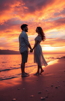 A beautiful and ethereal scene representing a timeless connection, featuring an enchanting couple standing hand in hand on a serene beach at sunset
