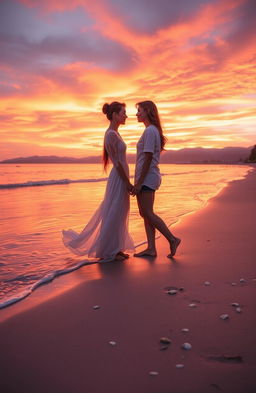 A beautiful and ethereal scene representing a timeless connection, featuring an enchanting couple standing hand in hand on a serene beach at sunset