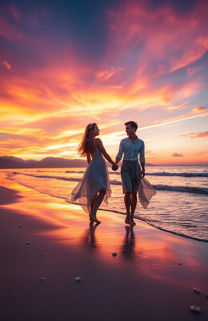 A beautiful and ethereal scene representing a timeless connection, featuring an enchanting couple standing hand in hand on a serene beach at sunset