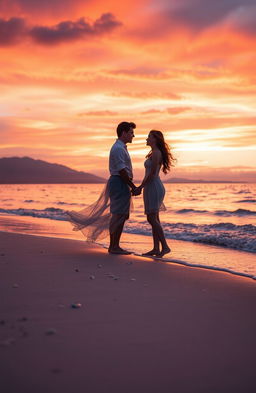 A beautiful and ethereal scene representing a timeless connection, featuring an enchanting couple standing hand in hand on a serene beach at sunset