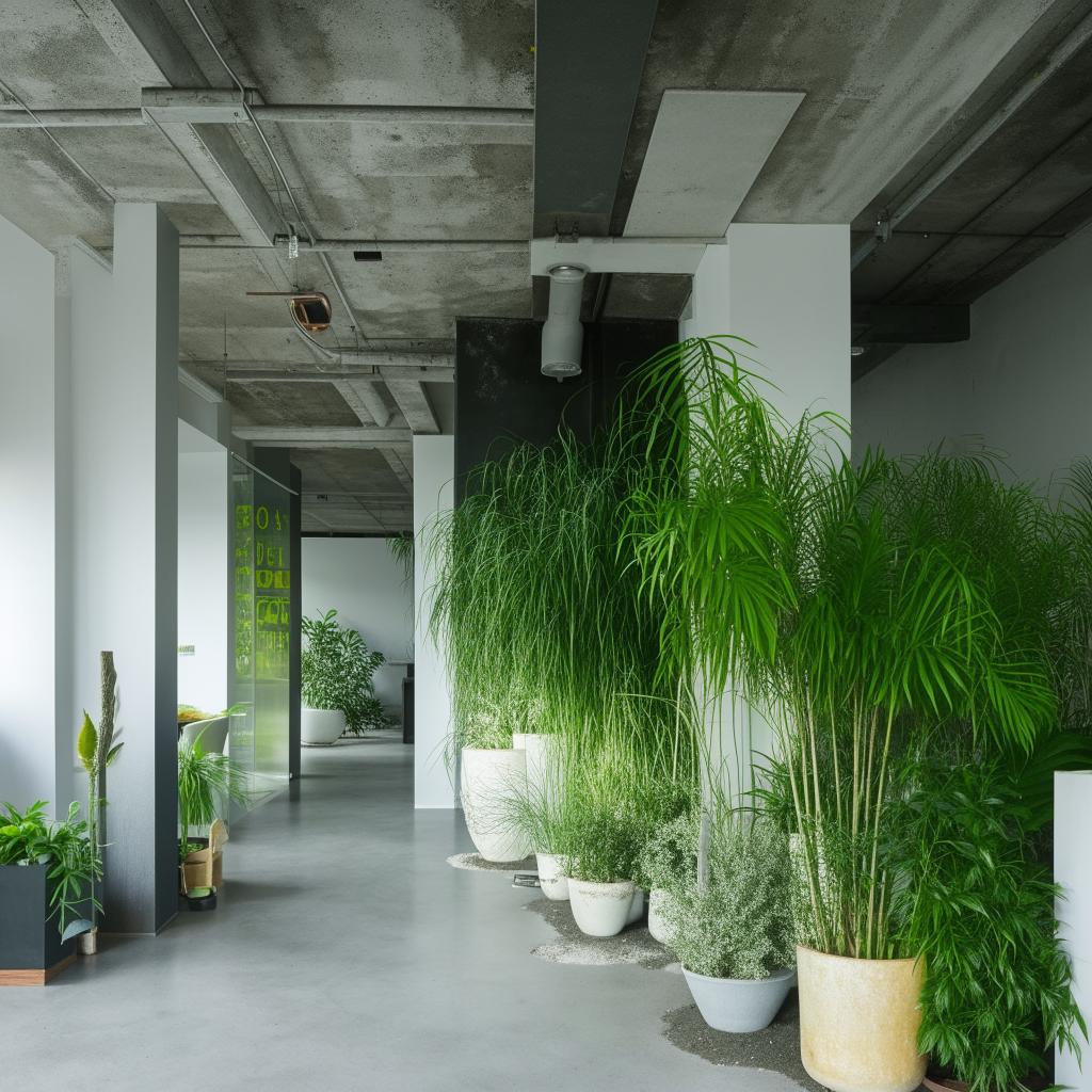 An office styled in eco-brutalist interior design, mixing white and gray tones, adorned with ample amounts of green plants and vegetation.