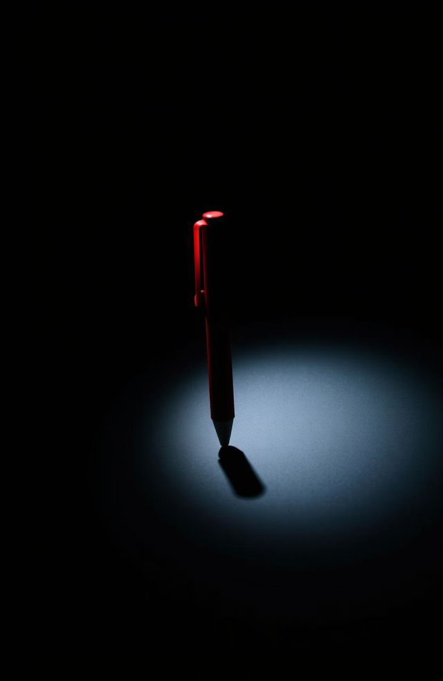 A dark background featuring a striking silhouette of a red pen, emphasizing its elegant shape and curves, casting a soft shadow on the surface beneath it, creating an artistic contrast between the bright red and the dark tones surrounding it