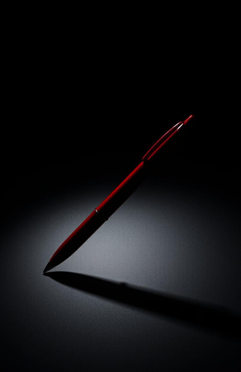 A dark background featuring a striking silhouette of a red pen, emphasizing its elegant shape and curves, casting a soft shadow on the surface beneath it, creating an artistic contrast between the bright red and the dark tones surrounding it