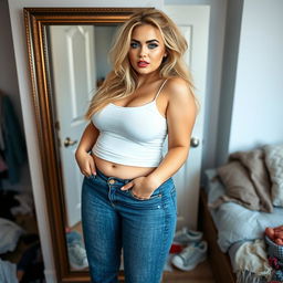 A full-length photograph of a sexy, beautiful, thick curvy young woman confidently posing in front of a full-length mirror in her bedroom