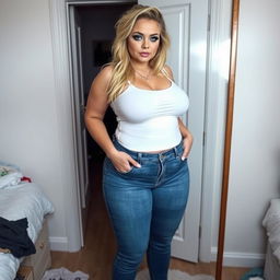 A full-length photograph of a sexy, beautiful, thick curvy young woman confidently posing in front of a full-length mirror in her bedroom