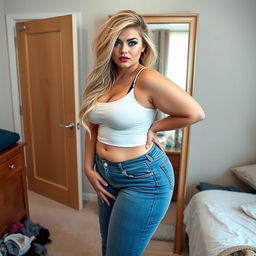 A full-length photograph of a sexy, beautiful, thick curvy young woman confidently posing in front of a full-length mirror in her bedroom