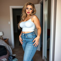 A full-length photograph of a sexy, beautiful, thick curvy young woman confidently posing in front of a full-length mirror in her bedroom