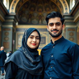 A beautiful adult Iranian Muslim sister wearing a hijab with elements of Persian Islamic design, standing next to her handsome brother with black hair and beard, both dressed in matching navy blue outfits