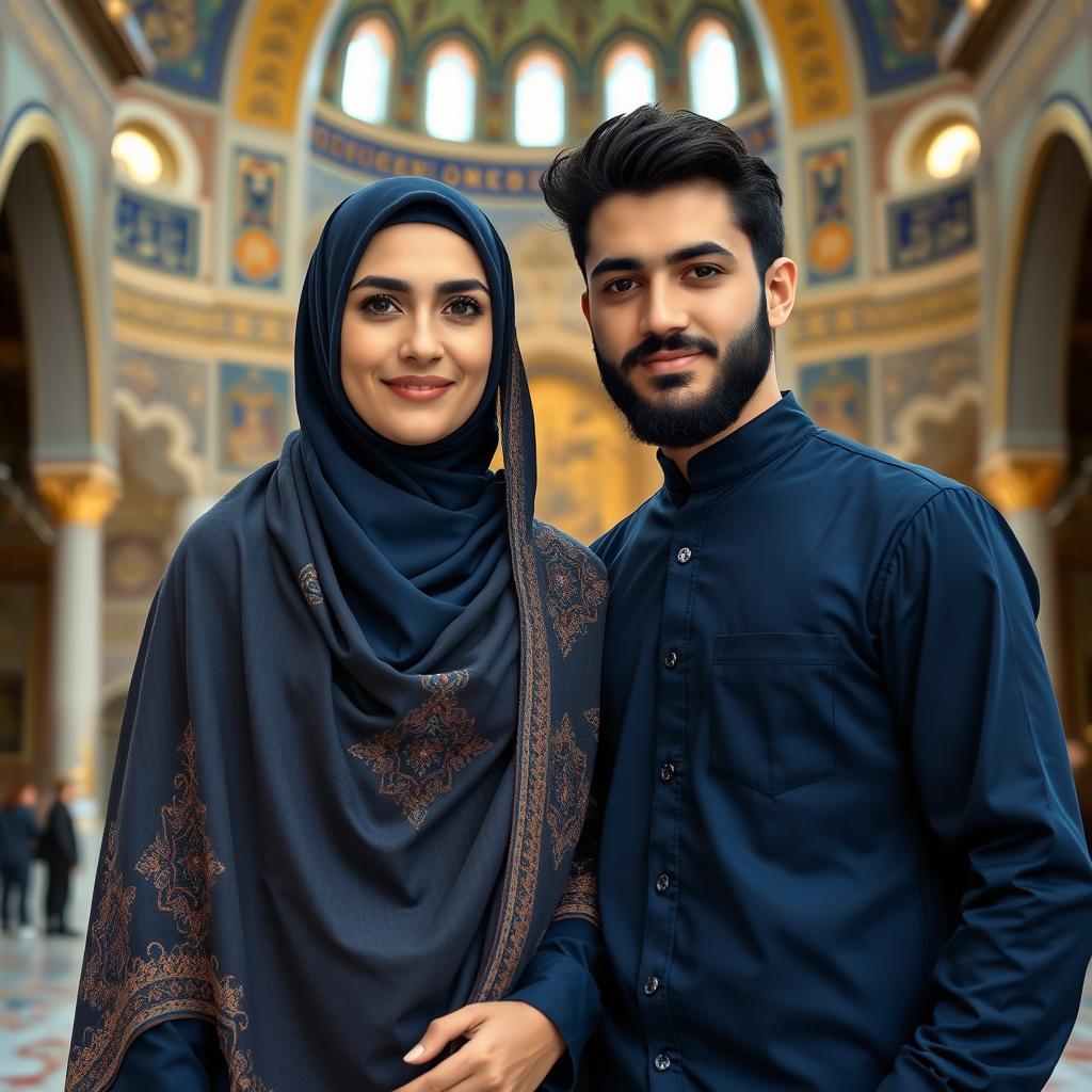 A beautiful adult Iranian Muslim sister wearing a hijab with elements of Persian Islamic design, standing next to her handsome brother with black hair and beard, both dressed in matching navy blue outfits