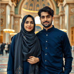 A beautiful adult Iranian Muslim sister wearing a hijab with elements of Persian Islamic design, standing next to her handsome brother with black hair and beard, both dressed in matching navy blue outfits