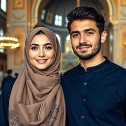 A beautiful adult Iranian Muslim sister wearing a hijab with elements of Persian Islamic design, standing next to her handsome brother with black hair and beard, both dressed in matching navy blue outfits