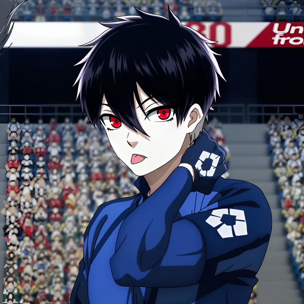An anime character with striking black hair and vivid red eyes