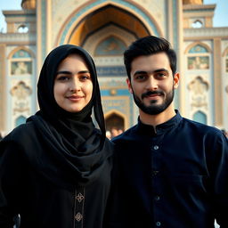 A beautiful adult Iranian Muslim sister wearing a black hijab with traditional Islamic elements, standing beside her handsome brother who has black hair and a well-groomed beard