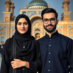 A beautiful adult Iranian Muslim sister wearing a black hijab with traditional Islamic elements, standing beside her handsome brother who has black hair and a well-groomed beard