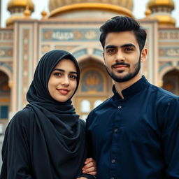 A beautiful adult Iranian Muslim sister wearing a black hijab with traditional Islamic elements, standing beside her handsome brother who has black hair and a well-groomed beard