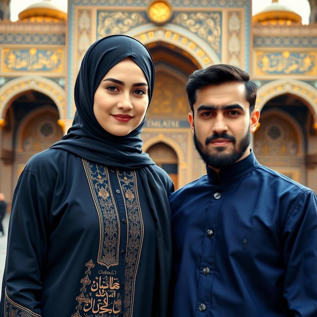 A beautiful adult Iranian Muslim sister wearing a black hijab with traditional Islamic elements, standing beside her handsome brother who has black hair and a well-groomed beard