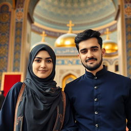 A beautiful Muslim Iranian woman wearing a hijab and traditional Islamic elements, standing alongside her stylish Iranian brother who has black hair and a well-groomed beard