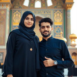 A beautiful Muslim Iranian woman wearing a hijab and traditional Islamic elements, standing alongside her stylish Iranian brother who has black hair and a well-groomed beard