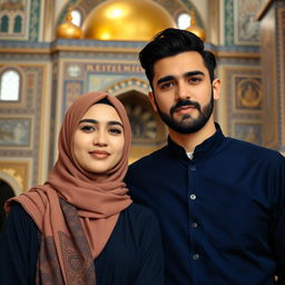 A beautiful Muslim Iranian woman wearing a hijab and traditional Islamic elements, standing alongside her stylish Iranian brother who has black hair and a well-groomed beard