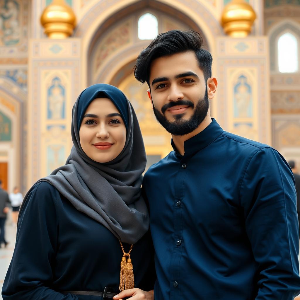 A beautiful Muslim Iranian woman wearing a hijab and traditional Islamic elements, standing alongside her stylish Iranian brother who has black hair and a well-groomed beard