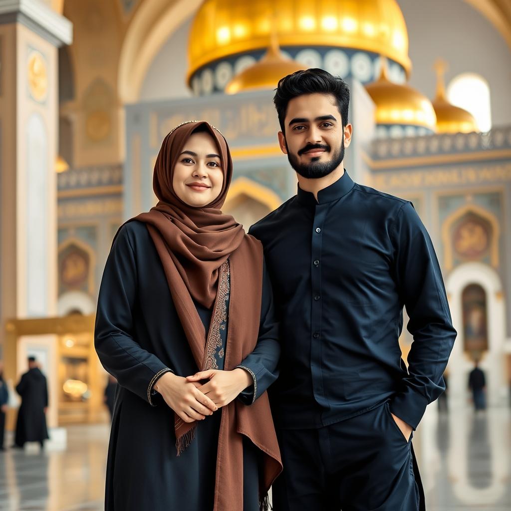 A beautiful, mature Iranian Muslim sister and brother standing together in the Imam Reza shrine
