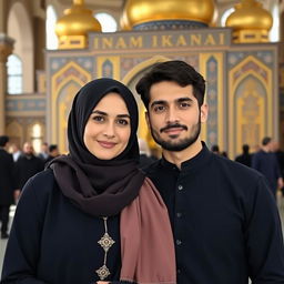 A beautiful, mature Iranian Muslim sister and brother standing together in the Imam Reza shrine
