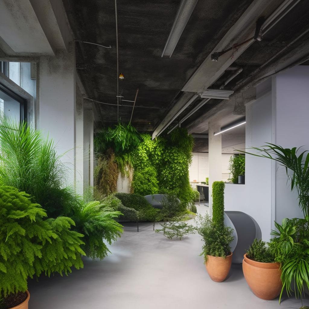 An office styled in eco-brutalist interior design, mixing white and gray tones, adorned with ample amounts of green plants and vegetation.