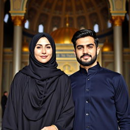 A beautiful, mature Iranian Muslim sister and brother standing together in the Imam Reza shrine