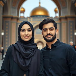 A beautiful, mature Iranian Muslim sister and brother standing together in the Imam Reza shrine