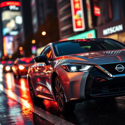 A sleek and modern Nissan car showcased in an urban setting, with vibrant city lights reflecting off its polished surface at twilight